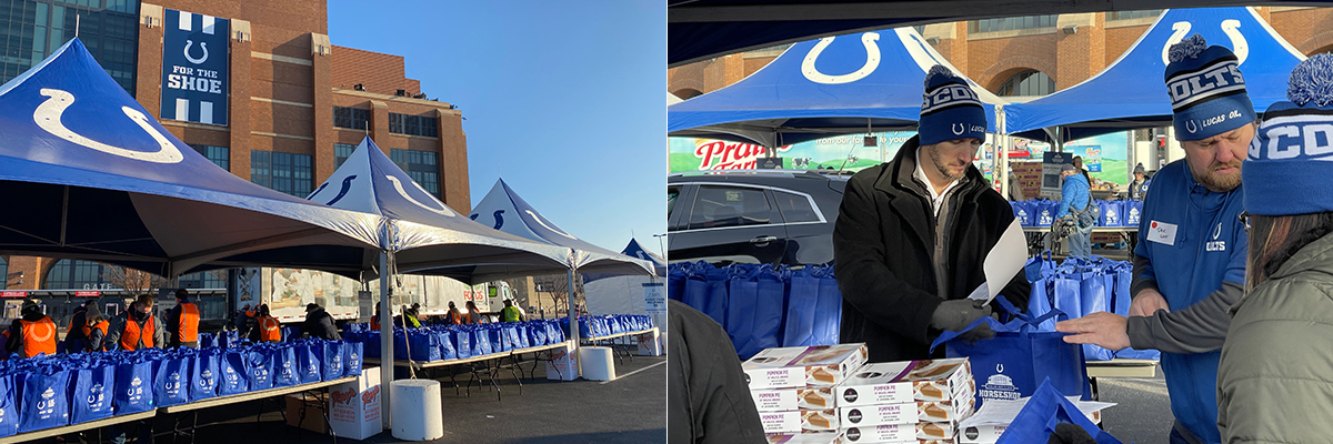 Lucas Oil employees at the Lucas Oil Stadium distributing Thanksgiving meals