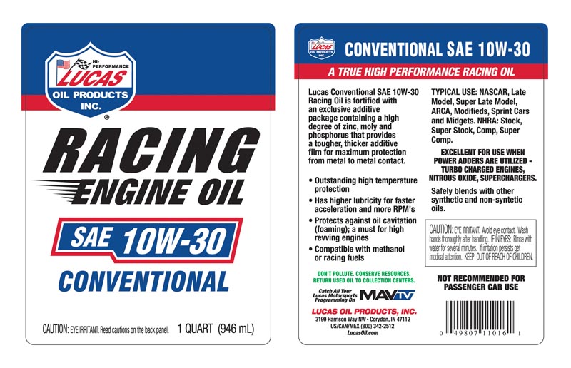 SAE 10W-30 Racing Only Motor Oil - Quart (Label)